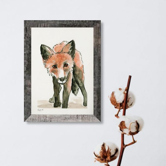 Aquarellzeichnung eines jungen Fuchses der den Betrachter neugierig anschaut
