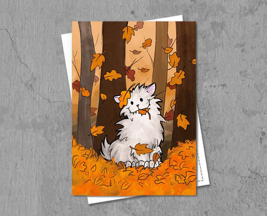Postkarte Katze im Laub