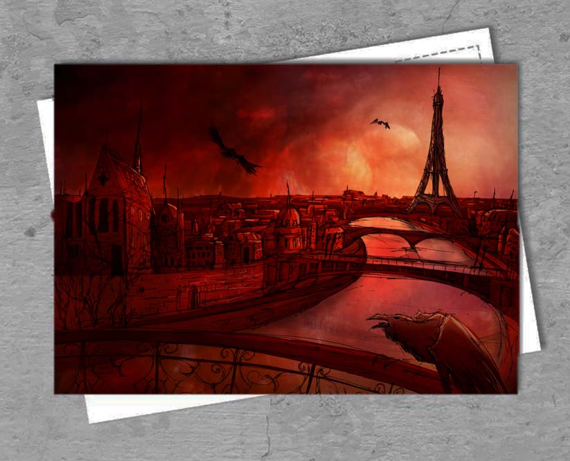 Postkarte mit einer rot-düsteren Zeichnung von Paris