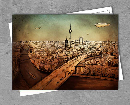 Postkarte m,it einer Zeichnung von Berlin mit Zeppelinen