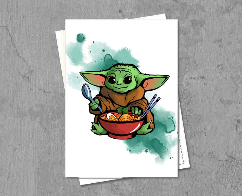 Postkarte mit Grogu der eine Suppe isst