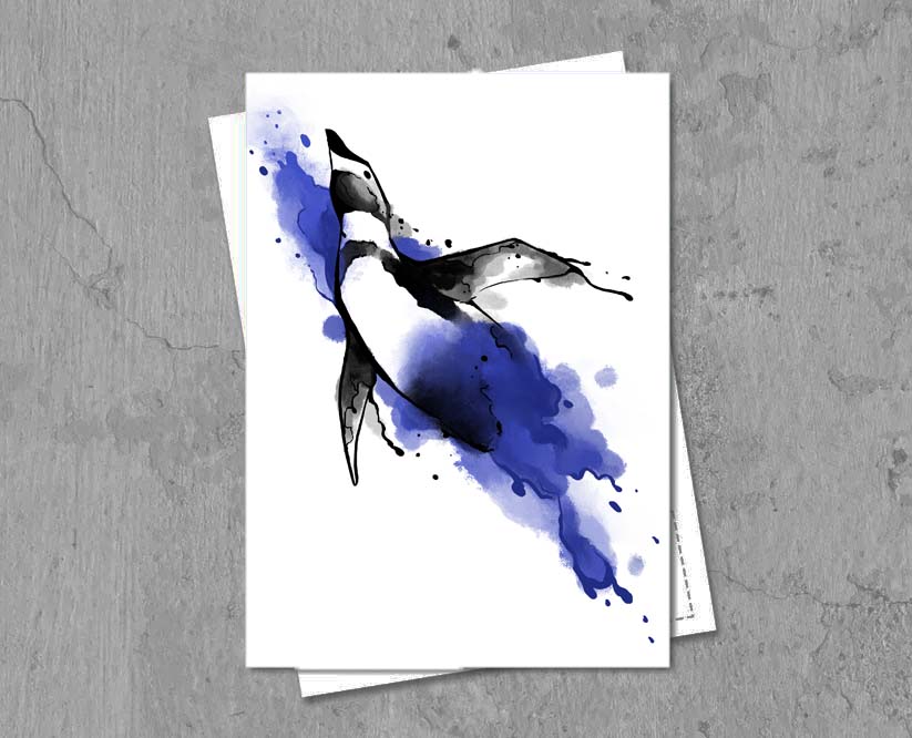 Postkarte einer Aquarellzeichnung eines Pinguins